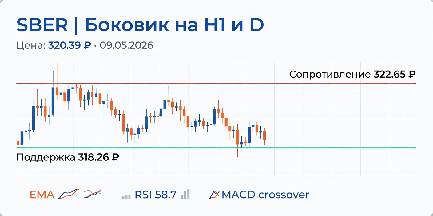 Технический анализ SBER: Боковик на H1 и D, 09.05.2026