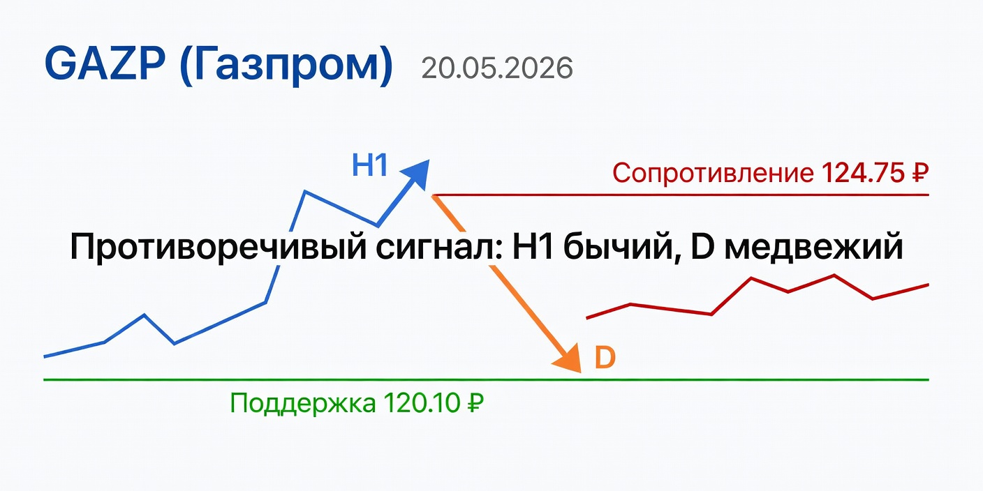 GAZP (Газпром): Технический анализ на 20.05.2026 — Расхождение таймфреймов