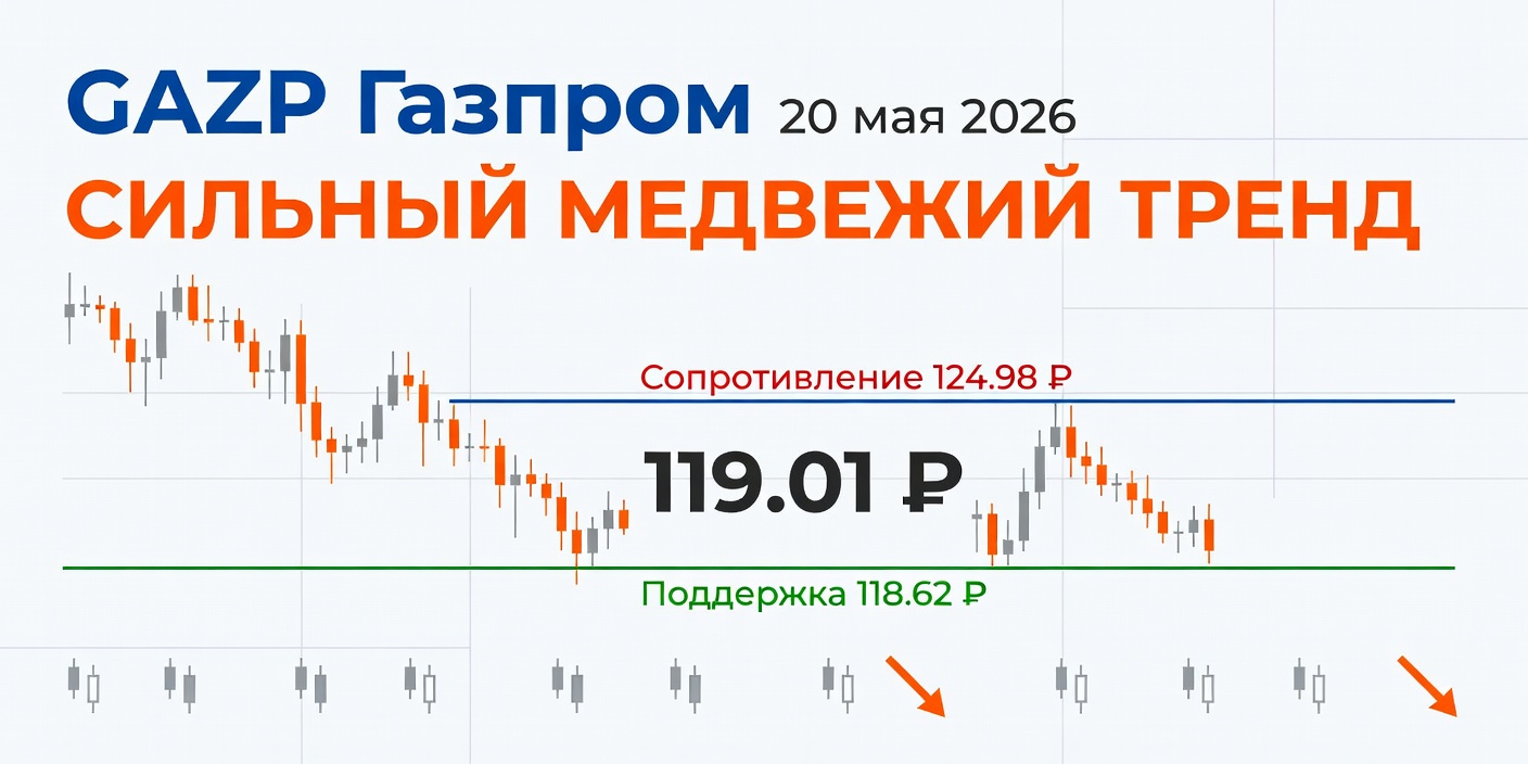 Технический анализ GAZP (Газпром) — сильный медвежий тренд, 20 мая 2026