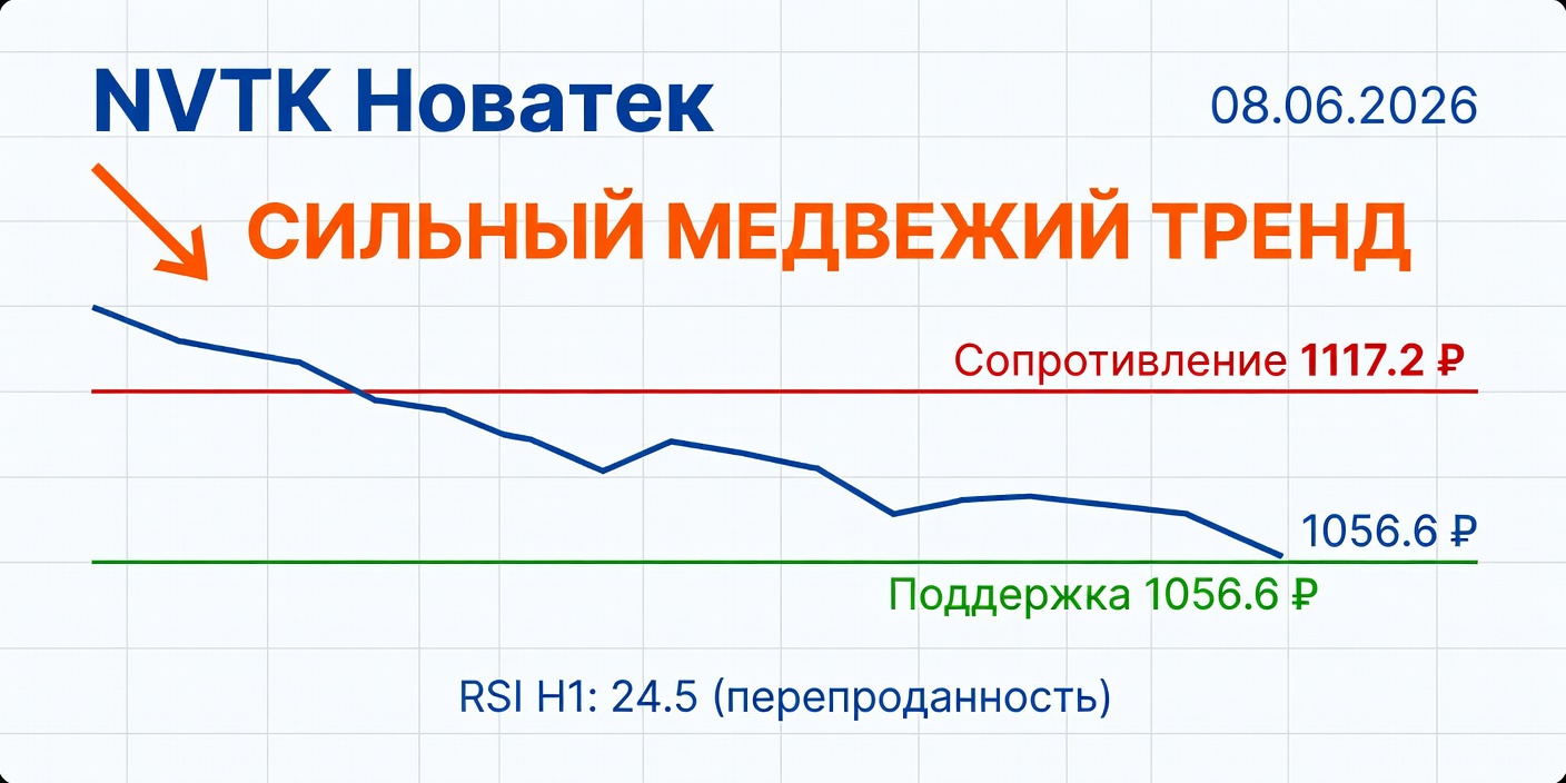 Технический анализ NVTK (Новатек) на 08.06.2026: Сильный медвежий тренд
