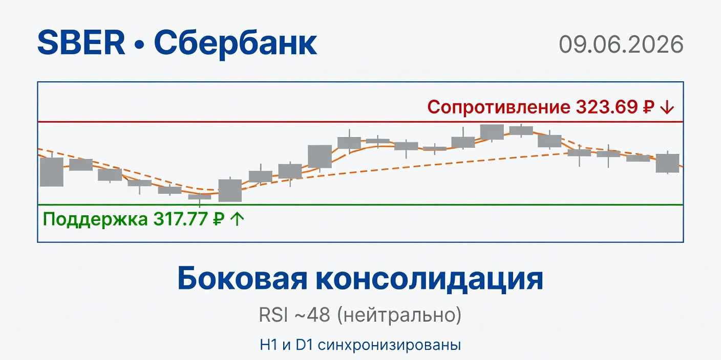 Технический анализ SBER (Сбербанк) на 09.06.2026: Боковик