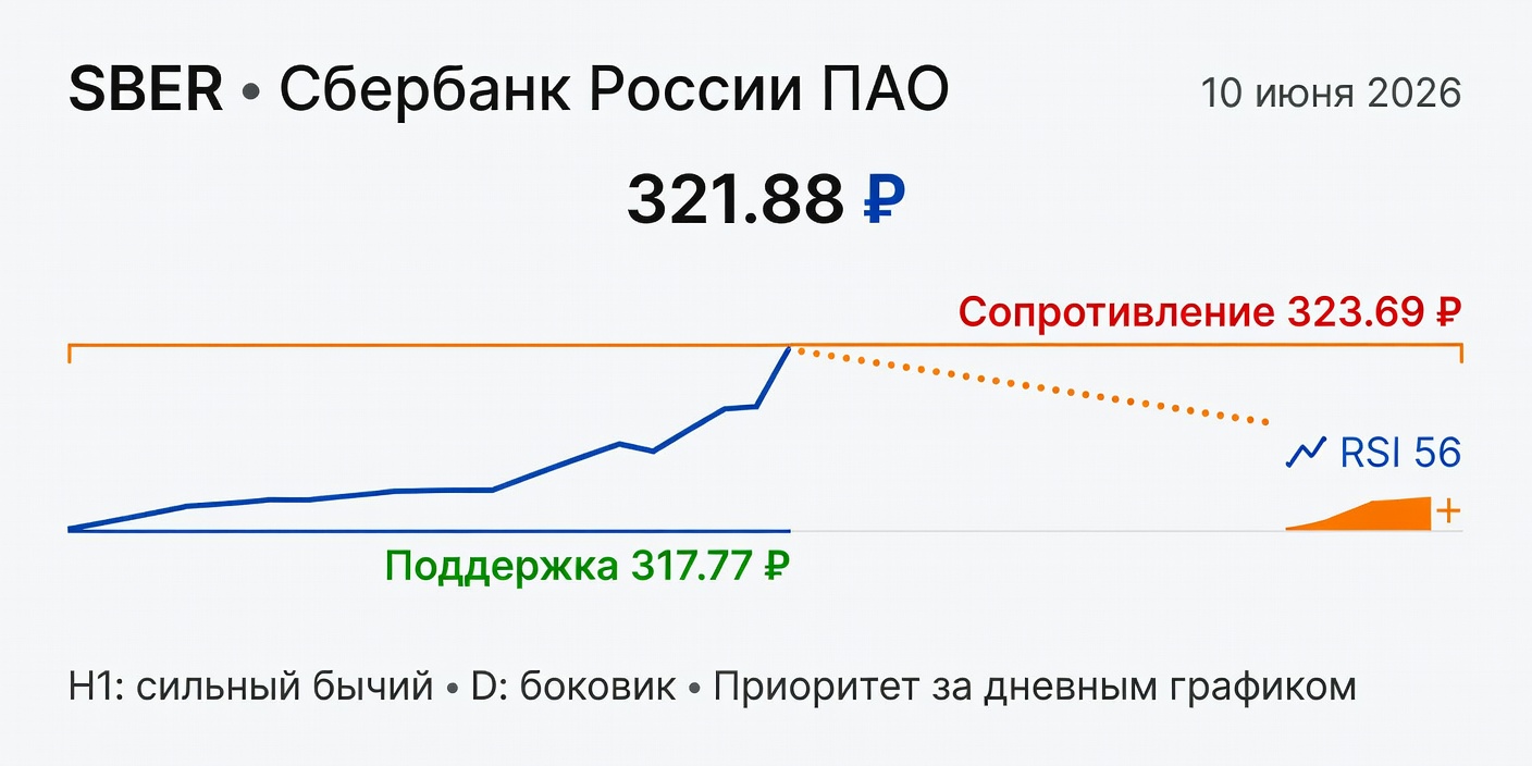 Технический анализ SBER (Сбербанк) — 10 июня 2026