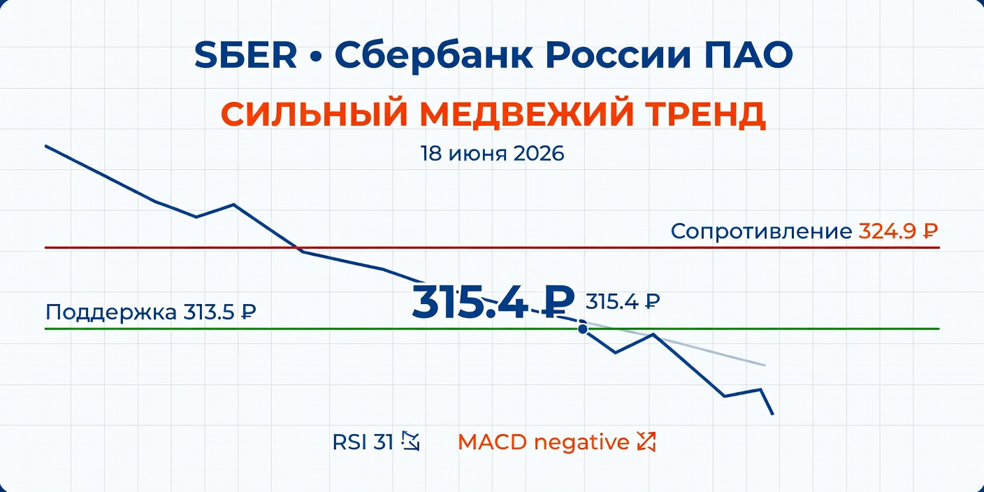 Технический анализ SBER (Сбербанк) — 18 июня 2026: сильный медвежий тренд