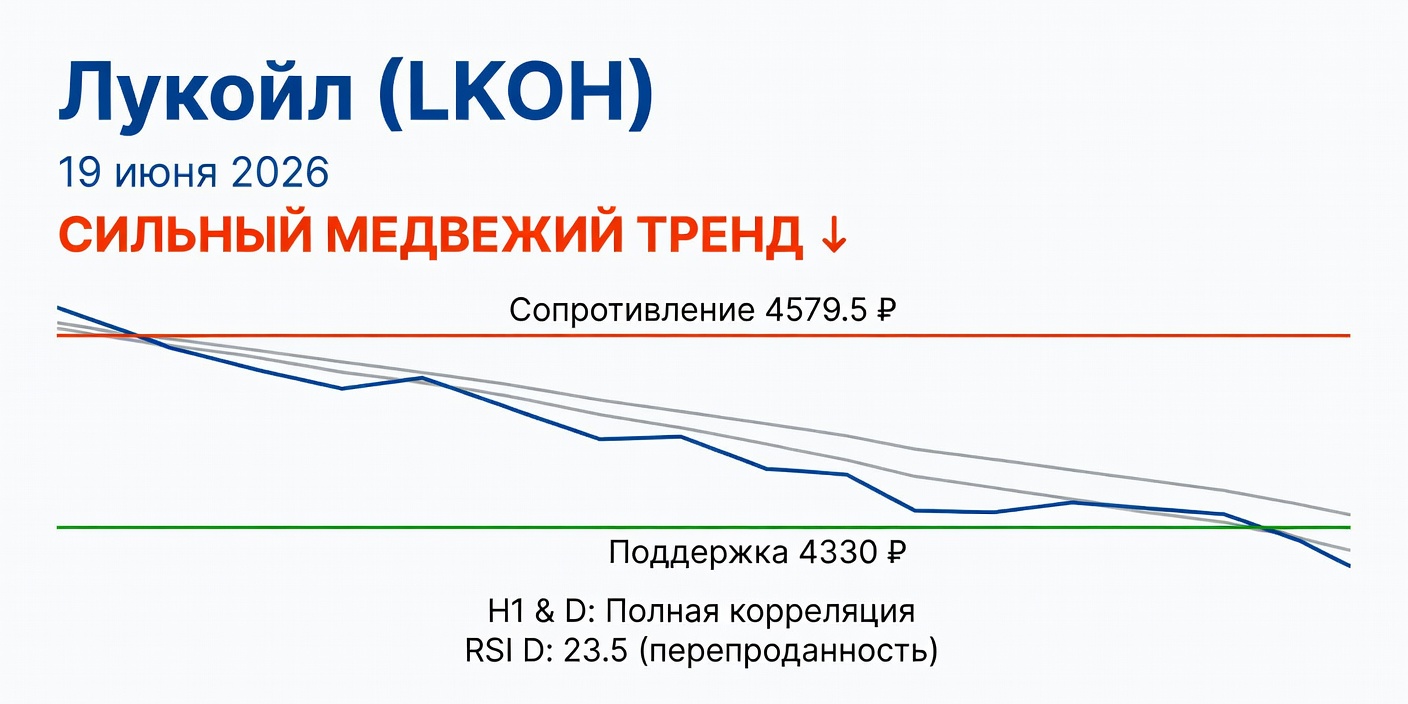 Технический анализ LKOH (Лукойл) — сильный медвежий тренд, 19.06.2026