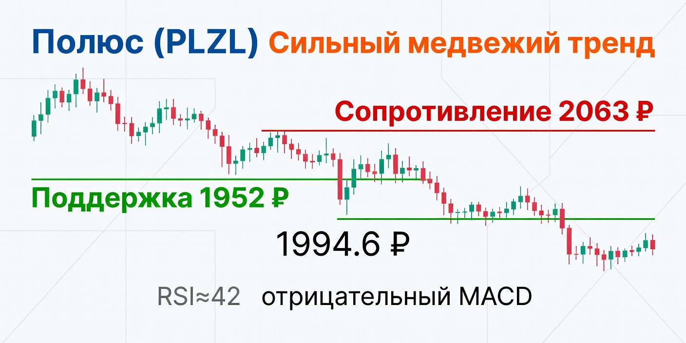 Технический анализ PLZL (Полюс) 22.06.2026: Сильный медвежий тренд