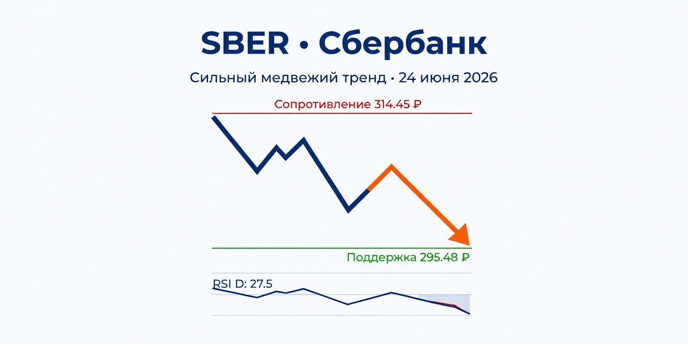 SBER: Технический анализ на 24 июня 2026 — Сильный медвежий тренд