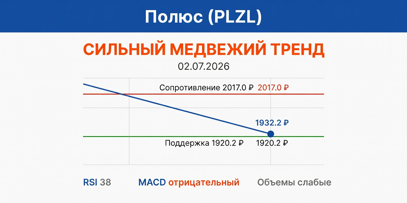 Технический анализ PLZL (Полюс) на 02.07.2026: сильный медвежий тренд