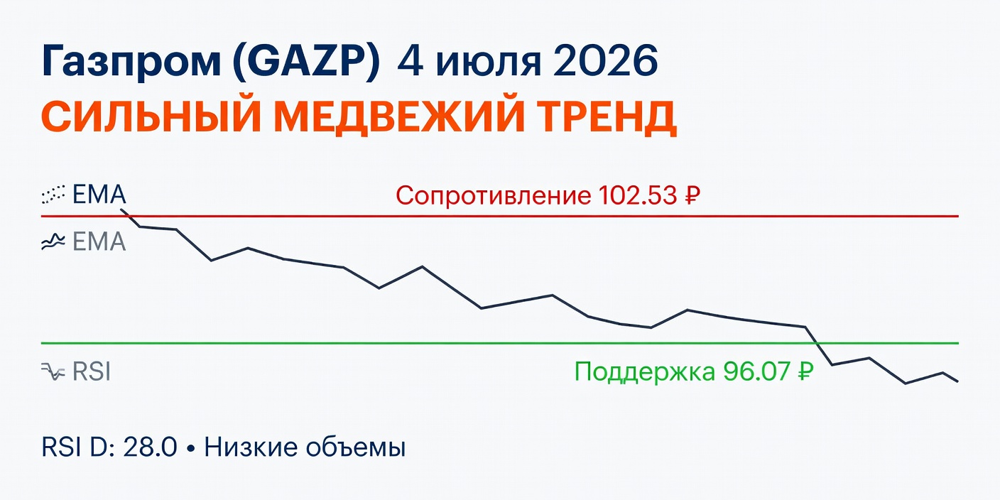 GAZP (Газпром): Технический анализ на 4 июля 2026 — сильный медвежий тренд