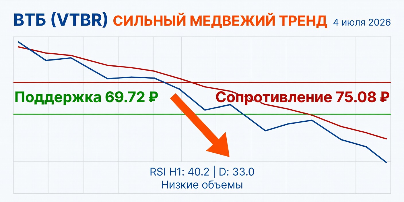 Технический анализ VTBR (ВТБ) 4 июля 2026: Сильный медвежий тренд