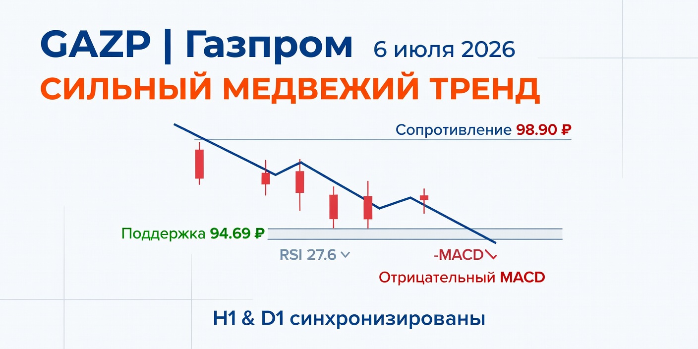 GAZP (Газпром): сильный медвежий тренд, 6 июля 2026