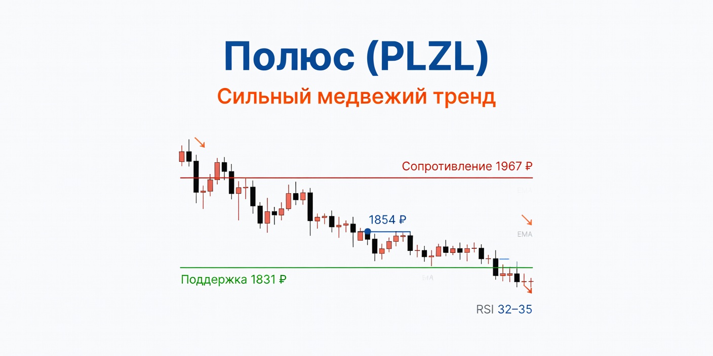 Технический анализ PLZL (Полюс) на 06.07.2026: сильный медвежий тренд