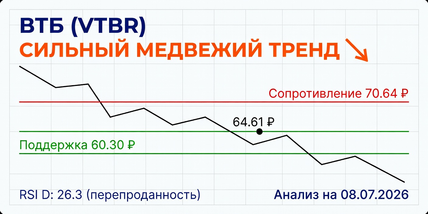 VTBR (ВТБ): Технический анализ на 08.07.2026 — сильный медвежий тренд