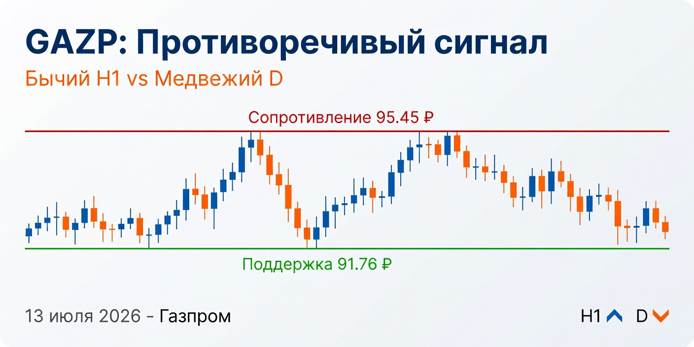 GAZP (Газпром): Расхождение H1/D — анализ на 13.07.2026