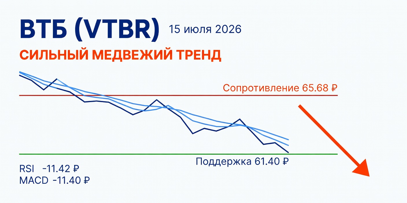 Технический анализ VTBR (ВТБ) — сильный медвежий тренд, 15 июля 2026