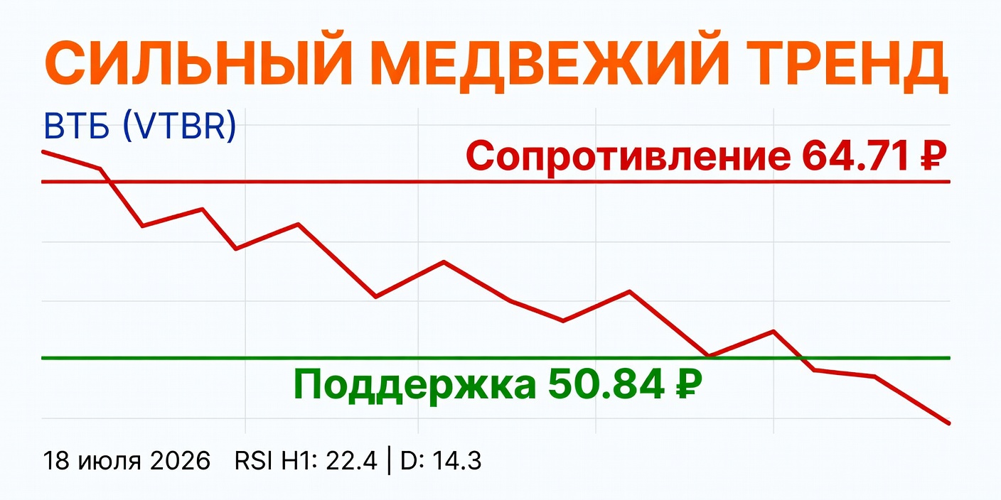 Технический анализ VTBR (ВТБ): сильный медвежий тренд — 18 июля 2026