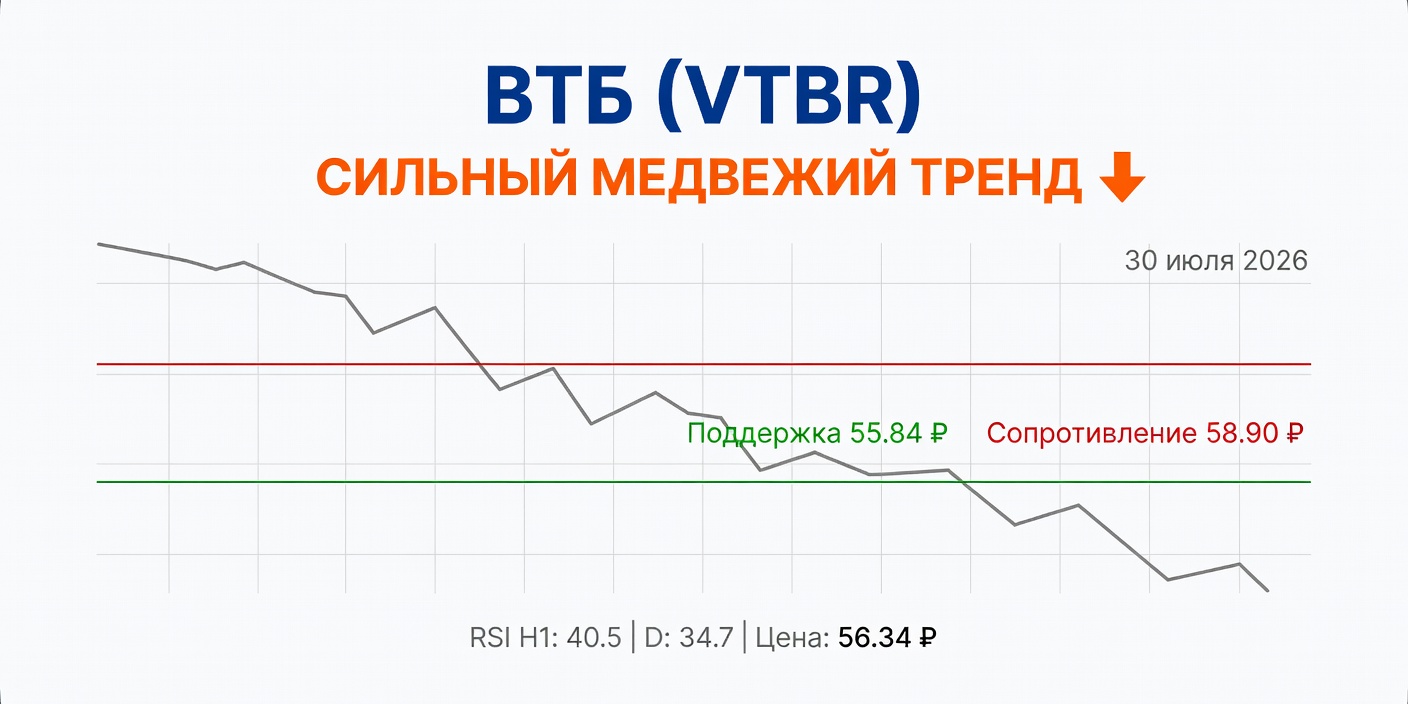 Технический анализ VTBR (ВТБ): сильный медвежий тренд — 30.07.2026