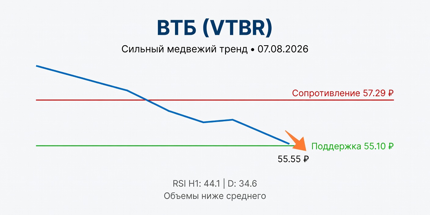 Технический анализ VTBR (ВТБ) на 07.08.2026: Сильный медвежий тренд