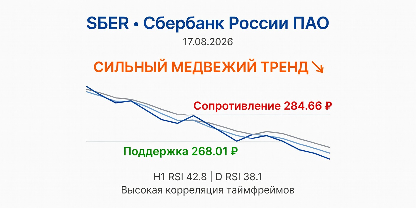 SBER (Сбербанк): Технический анализ на 17.08.2026 — Сильный медвежий тренд