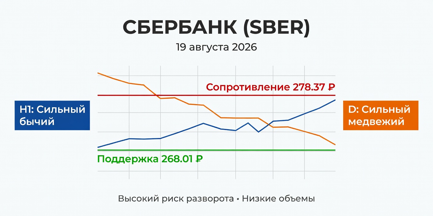 Технический анализ SBER: расхождение таймфреймов, 19.08.2026