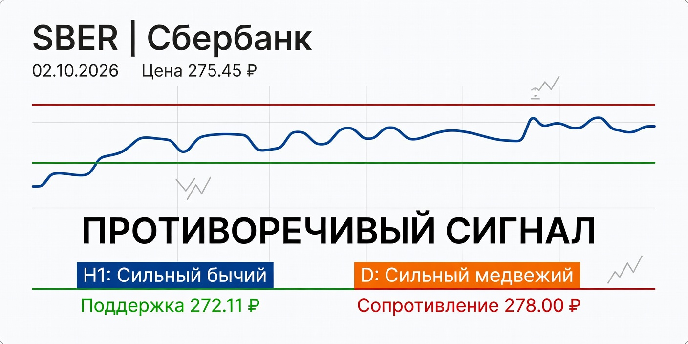 Технический анализ SBER (Сбербанк) 02.10.2026: Расхождение таймфреймов