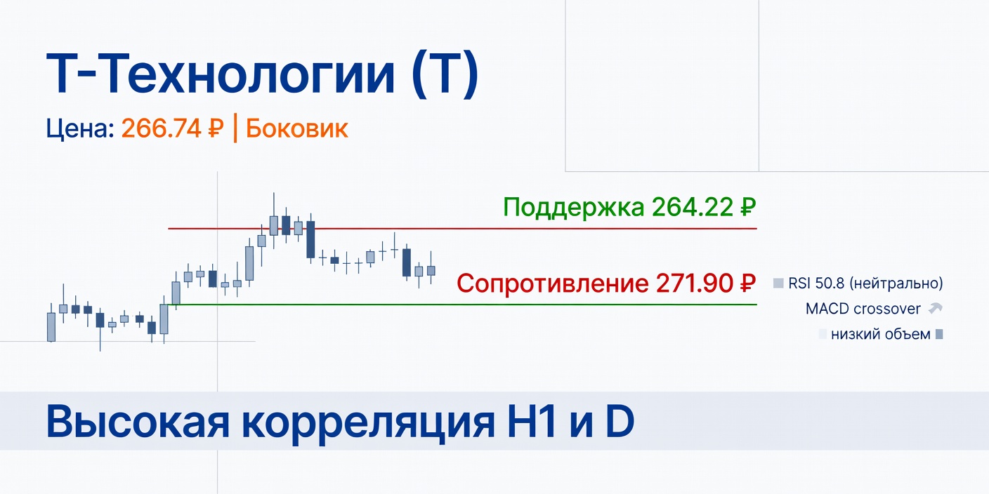 Технический анализ T (Т-Технологии): боковик с высокой корреляцией | 12.10.2026